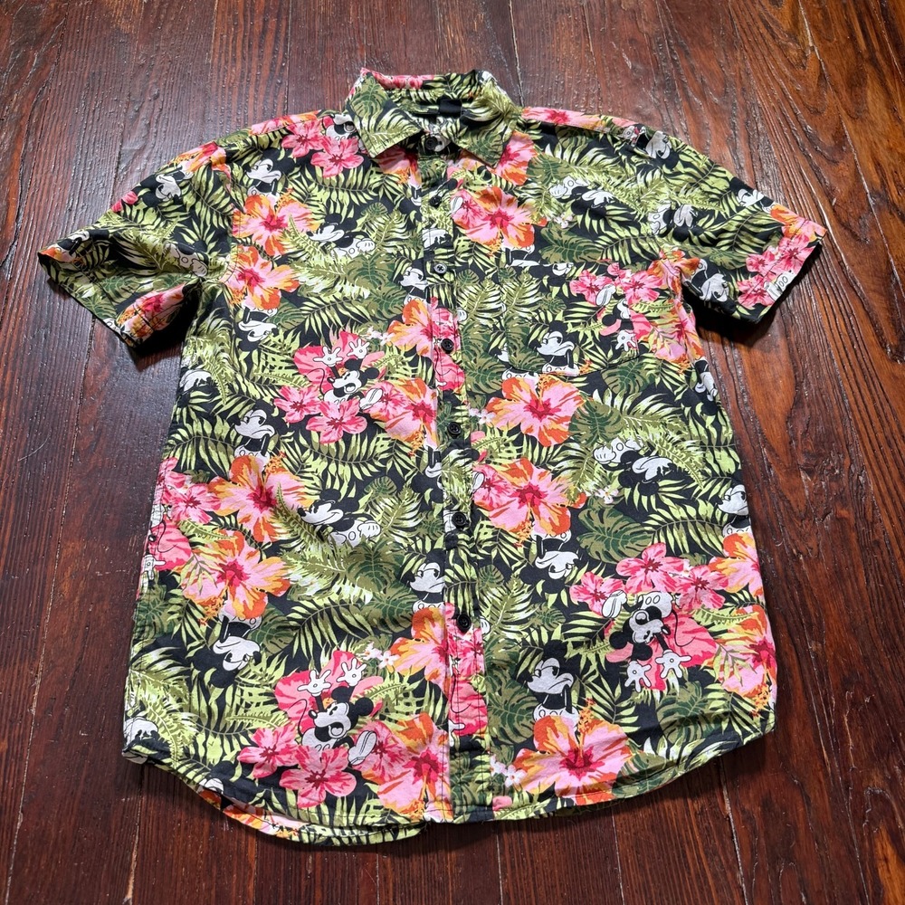 Disney Mickey‎ Mouse Hawaiian Shirt Mens Small Black Floral Palm Lightweight